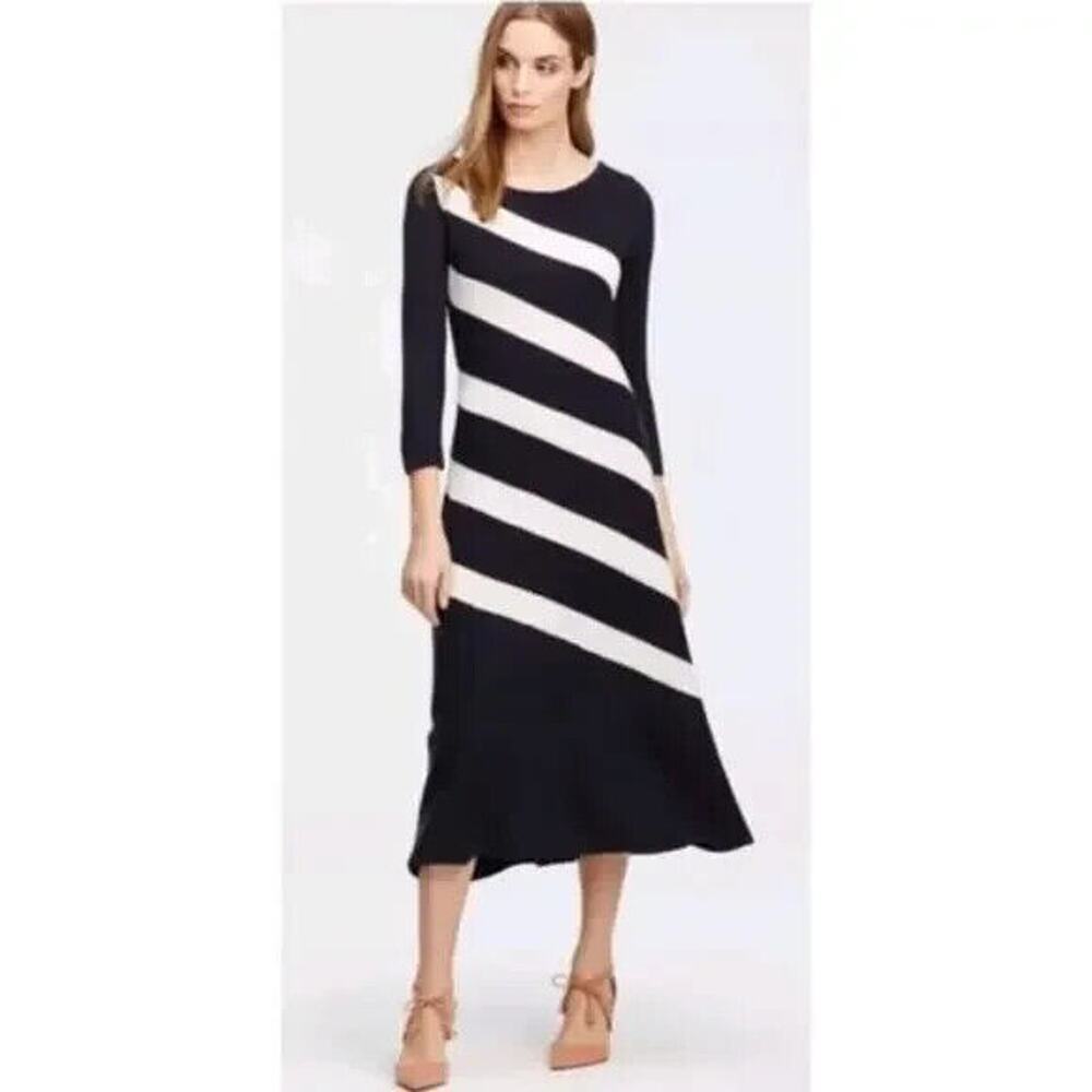 Ann Taylor Navy and White Diagonal Striped Wool Blend Sweater Dress XSP